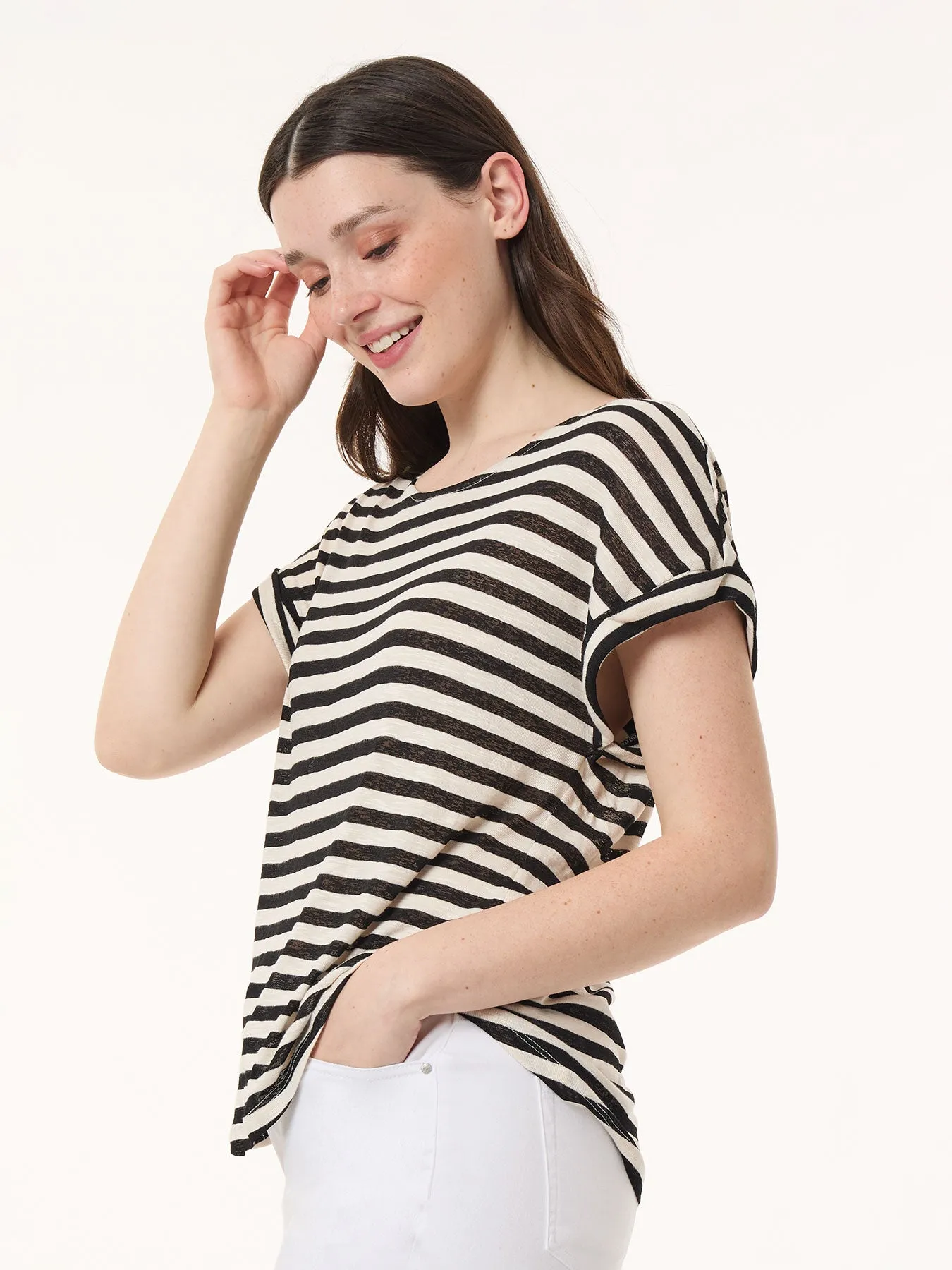 Drop Shoulder Jewel Neck Top, Striped Knit