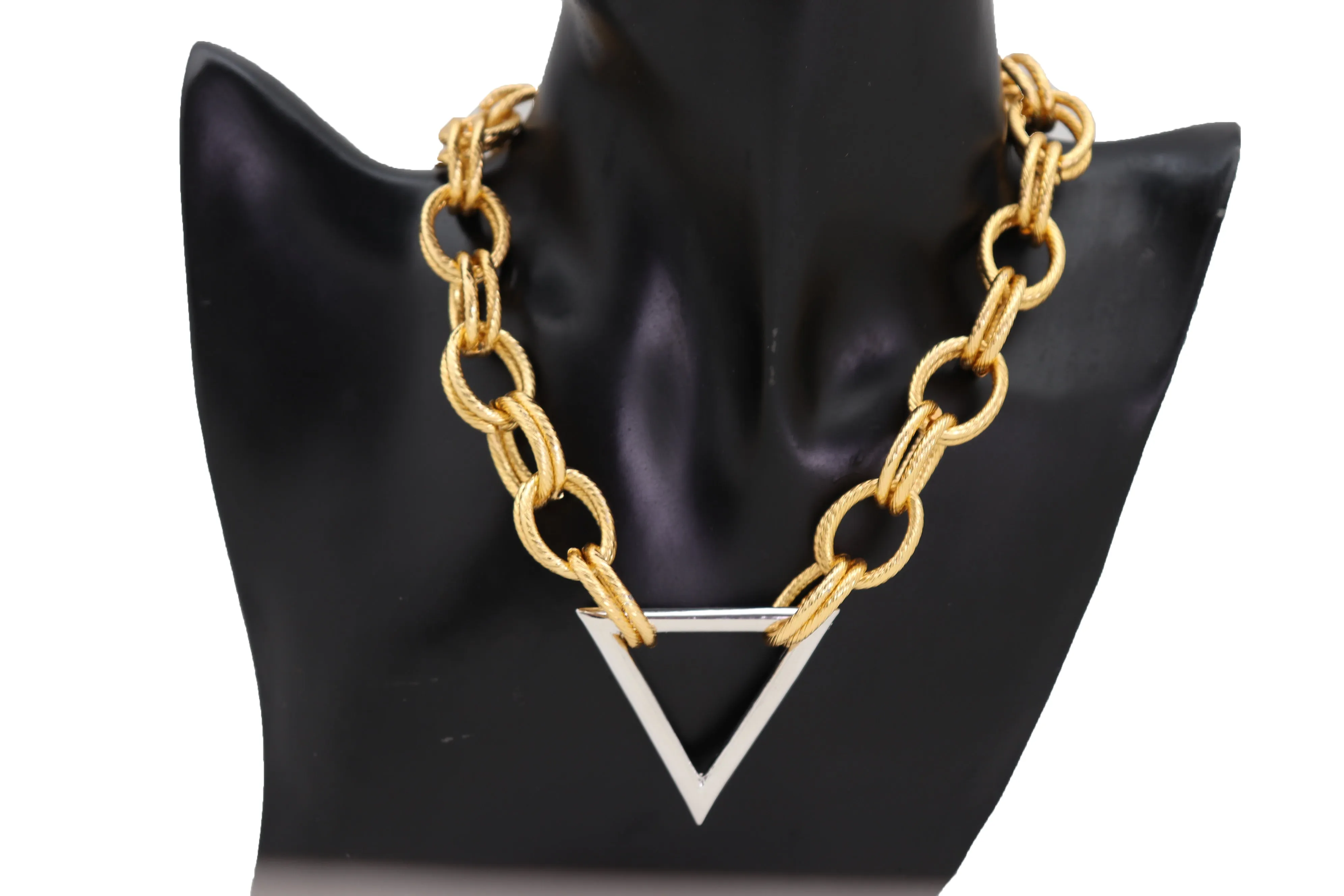 Fashion Necklace Gold Metal Chain Links Silver Triangle Pendant Geometric