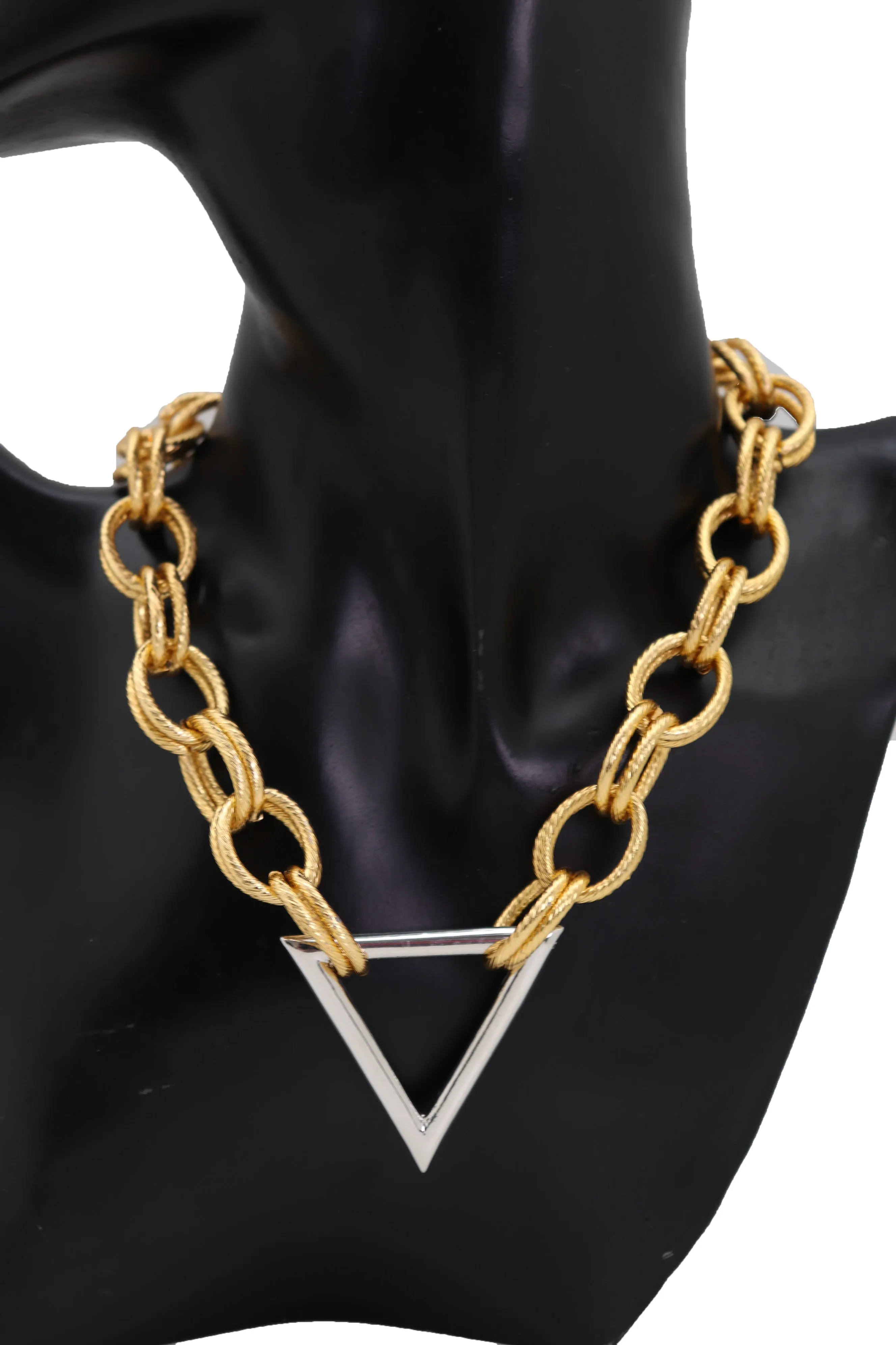 Fashion Necklace Gold Metal Chain Links Silver Triangle Pendant Geometric