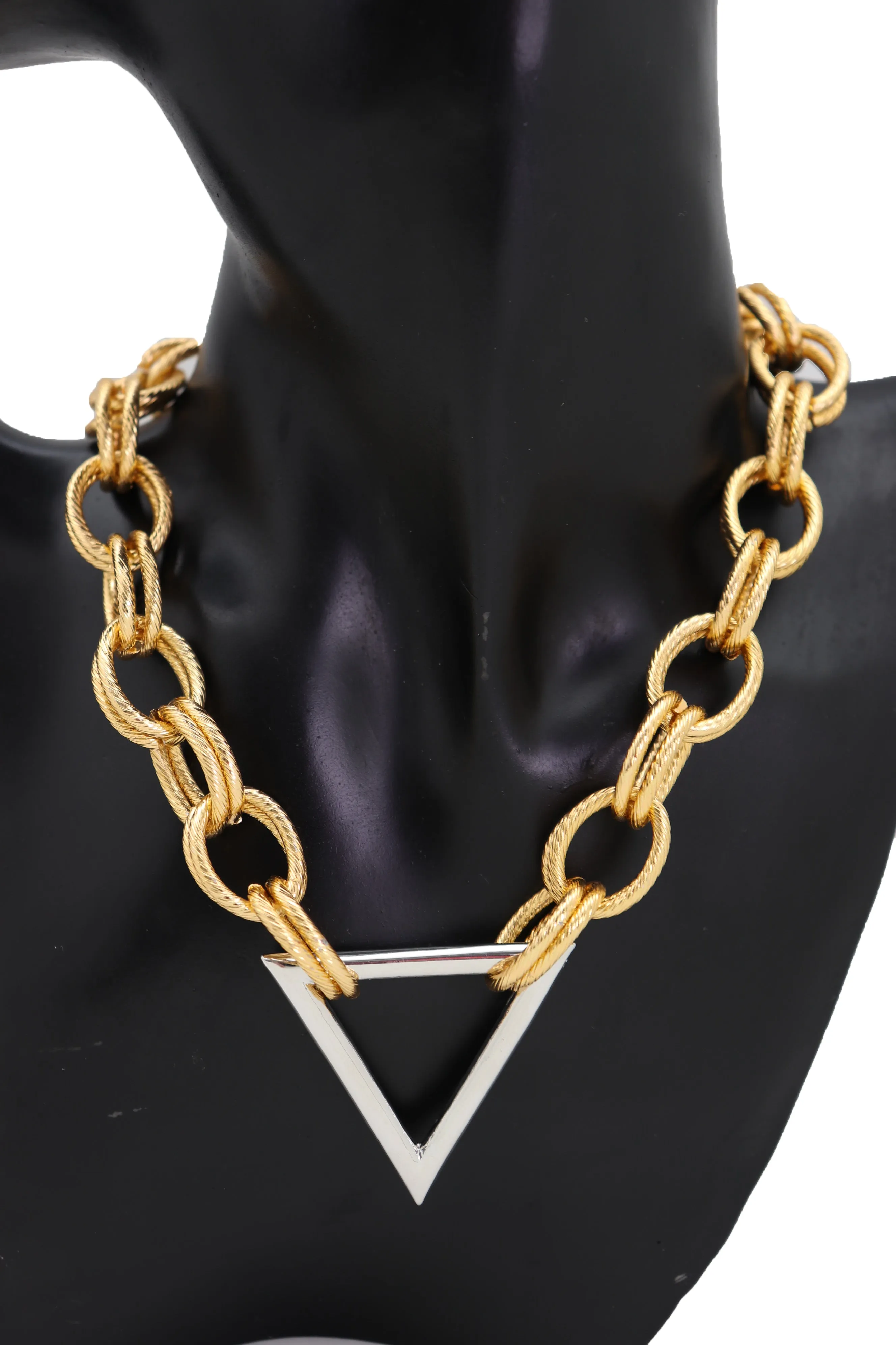 Fashion Necklace Gold Metal Chain Links Silver Triangle Pendant Geometric