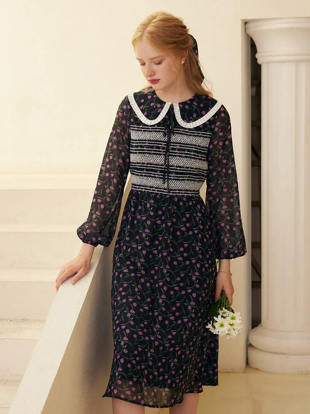 【Final Sale】Alisson Peter Pan Collar Lace-up Floral Print Dress