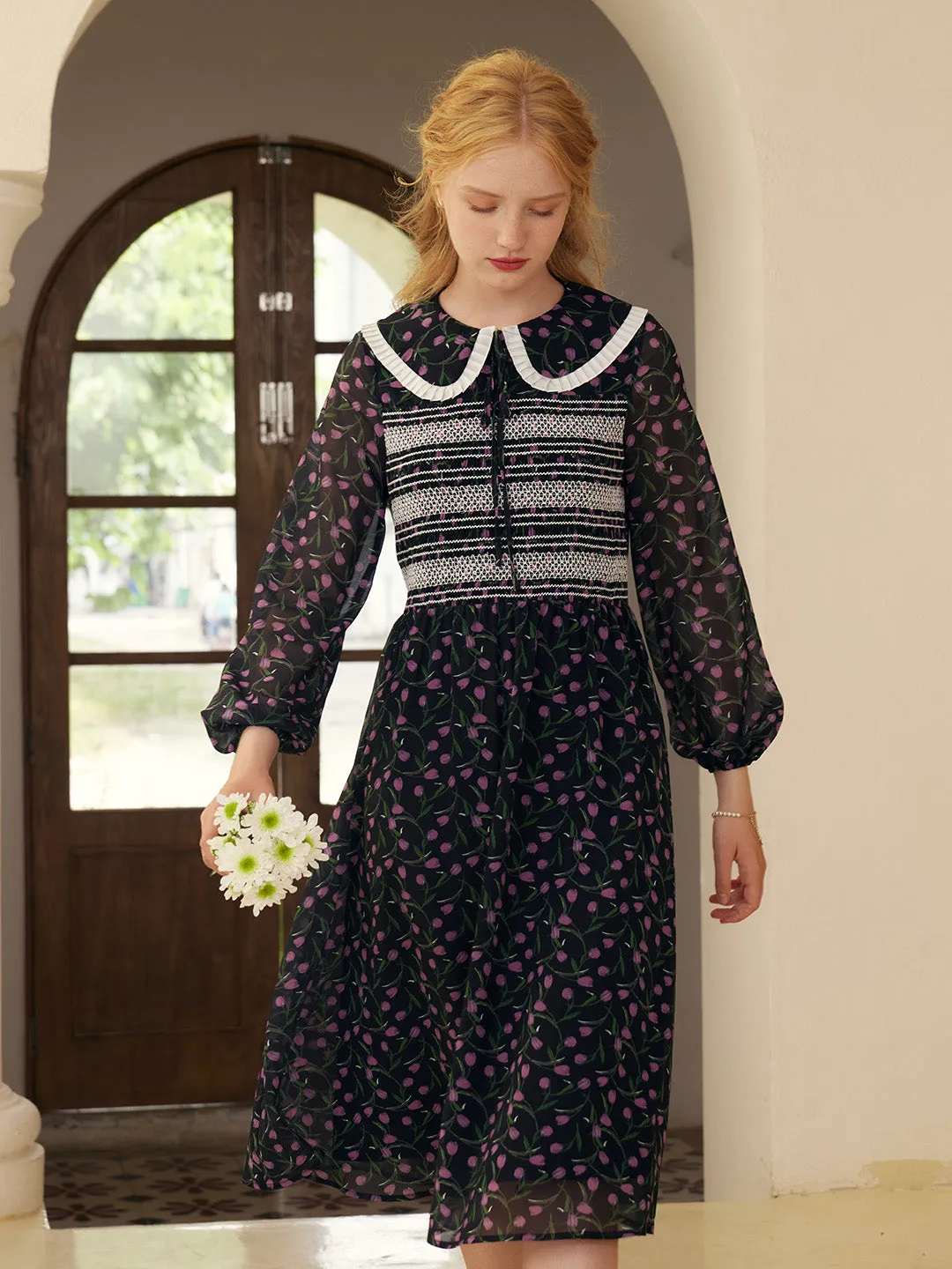 【Final Sale】Alisson Peter Pan Collar Lace-up Floral Print Dress