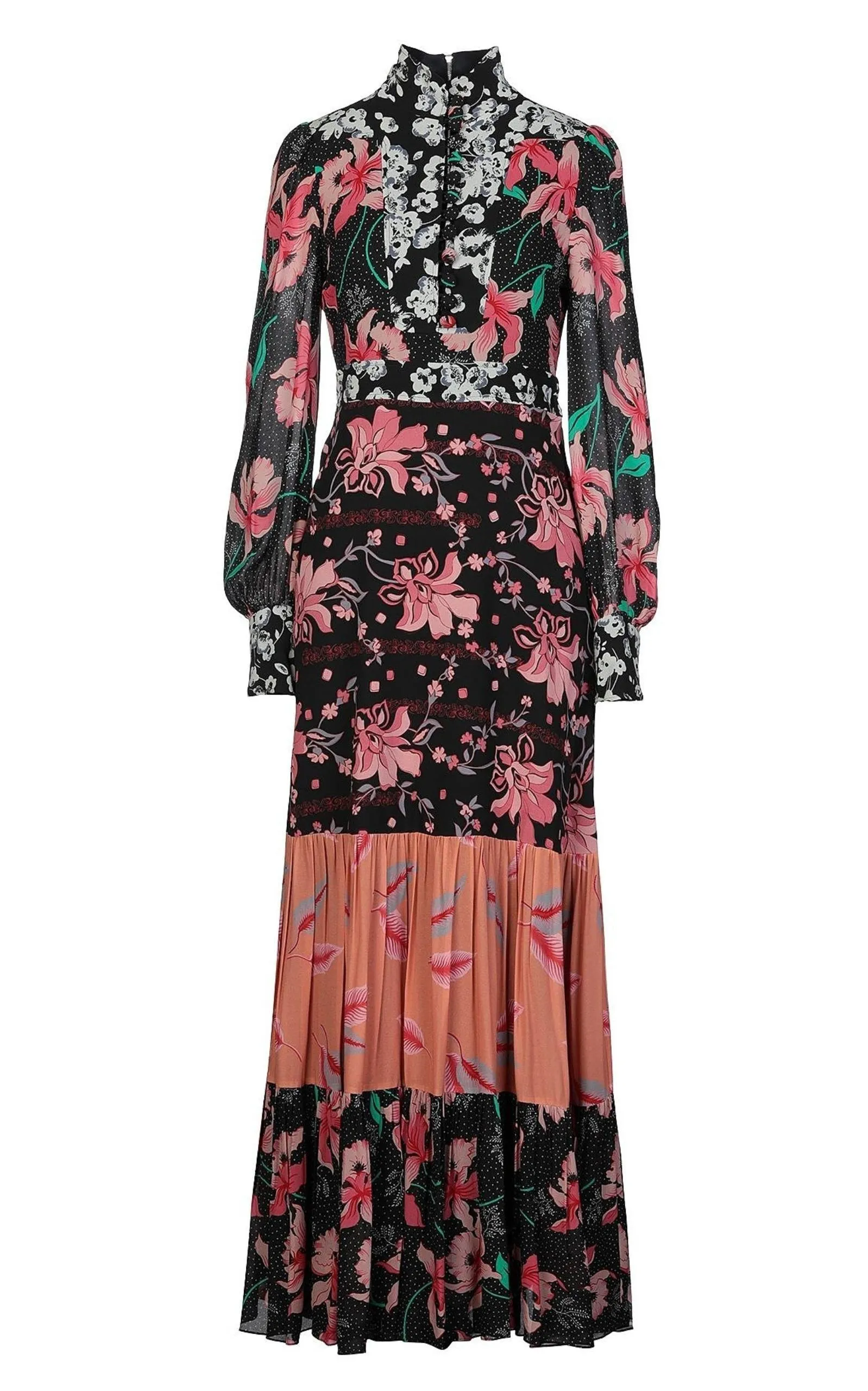 Floral Patchwork-Print Stand-Collar Crepe Dress