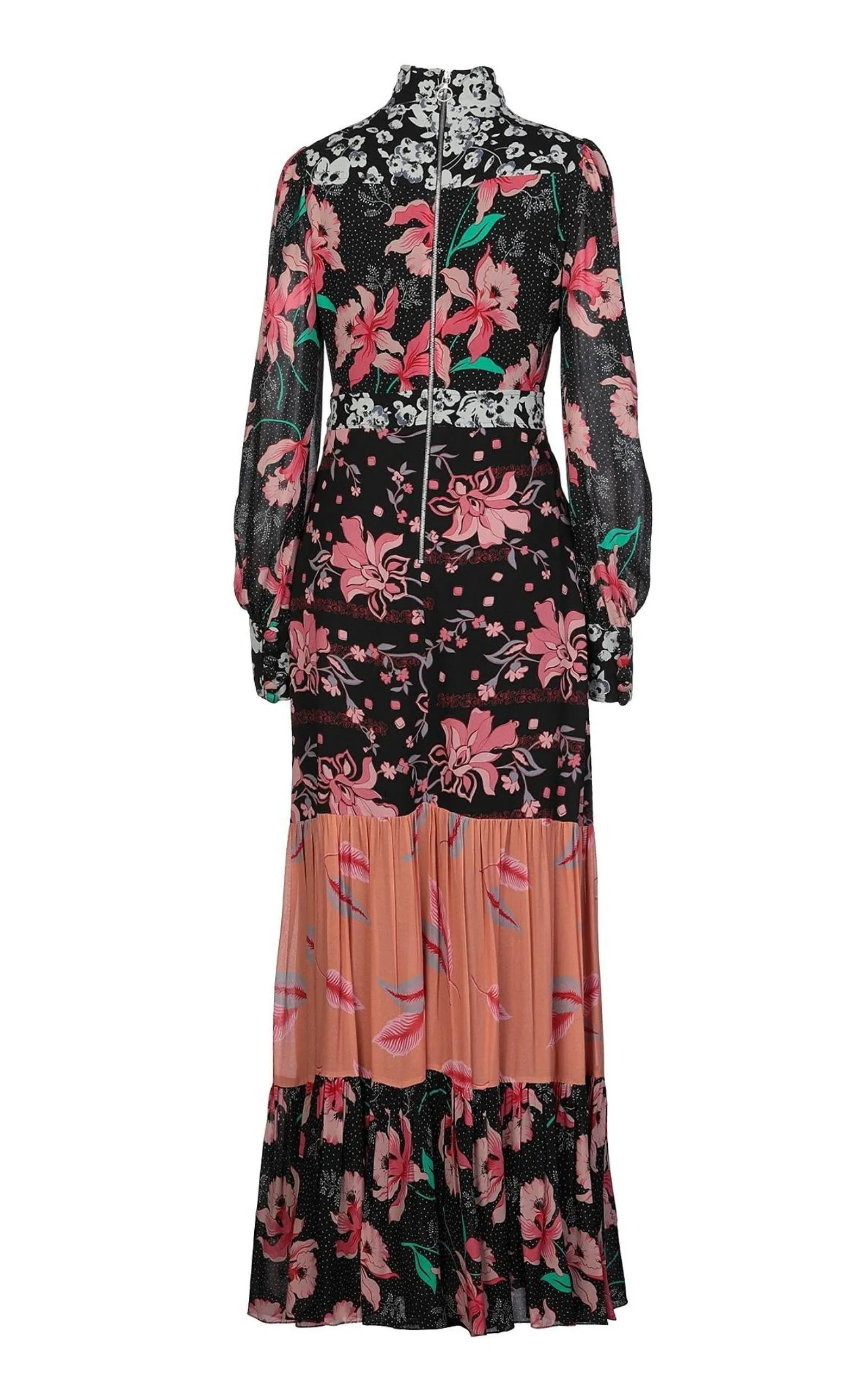 Floral Patchwork-Print Stand-Collar Crepe Dress