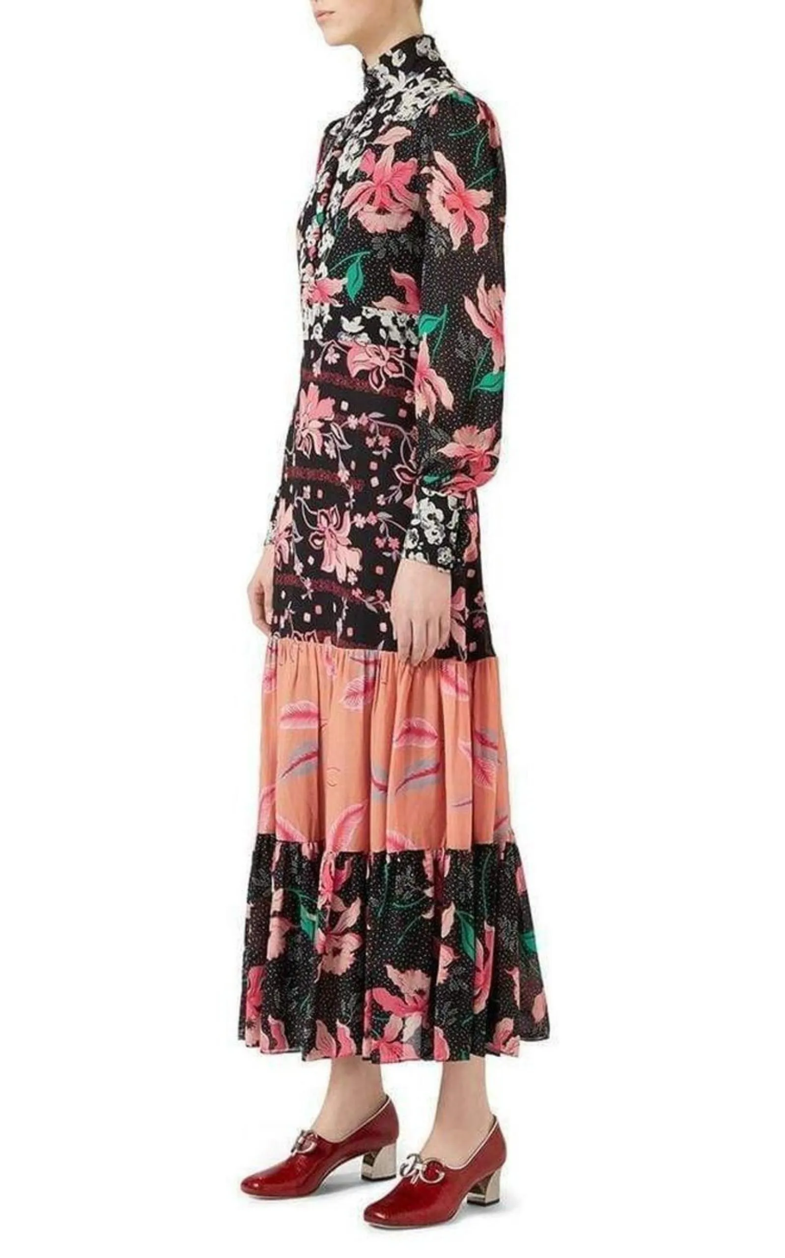 Floral Patchwork-Print Stand-Collar Crepe Dress