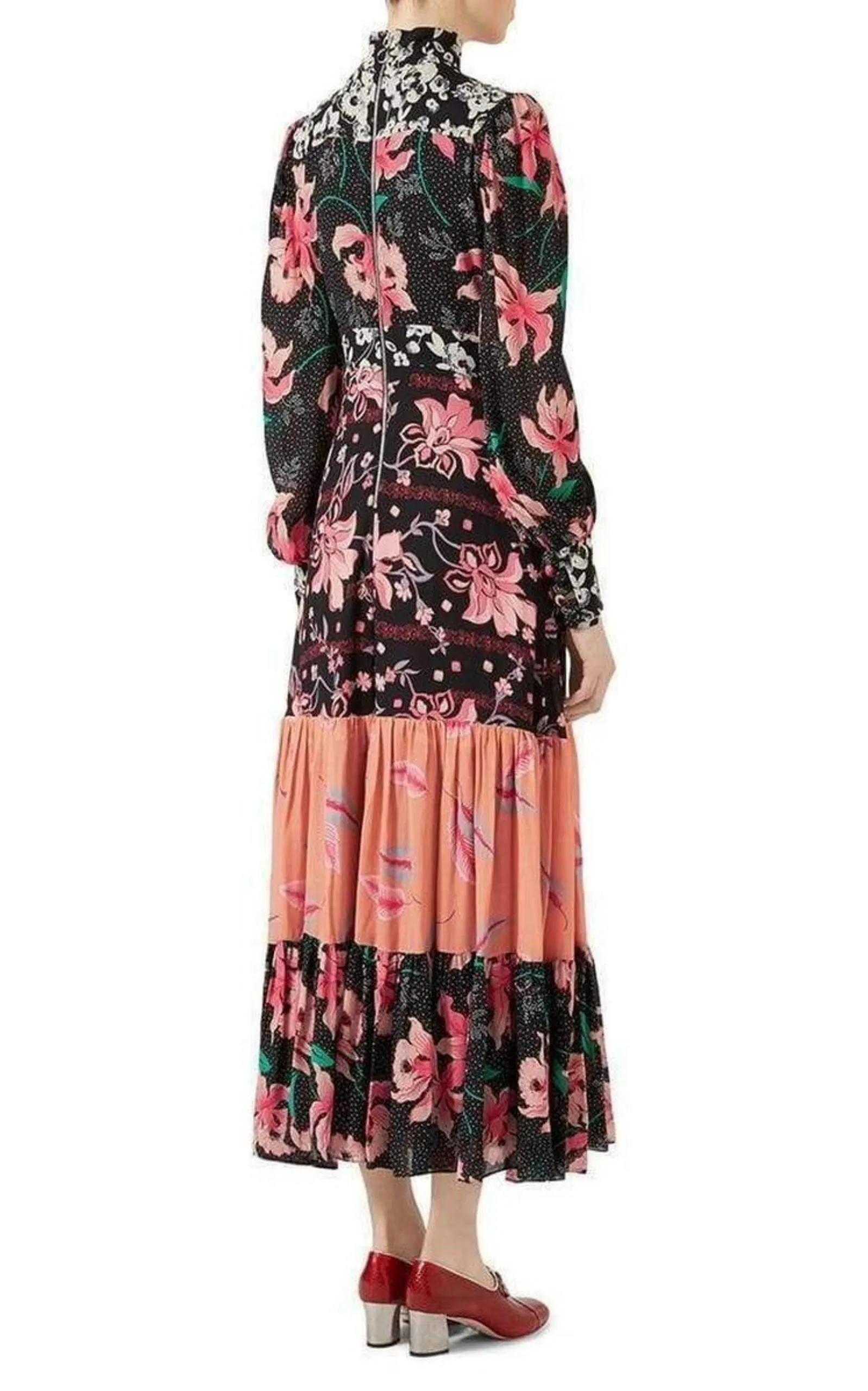 Floral Patchwork-Print Stand-Collar Crepe Dress