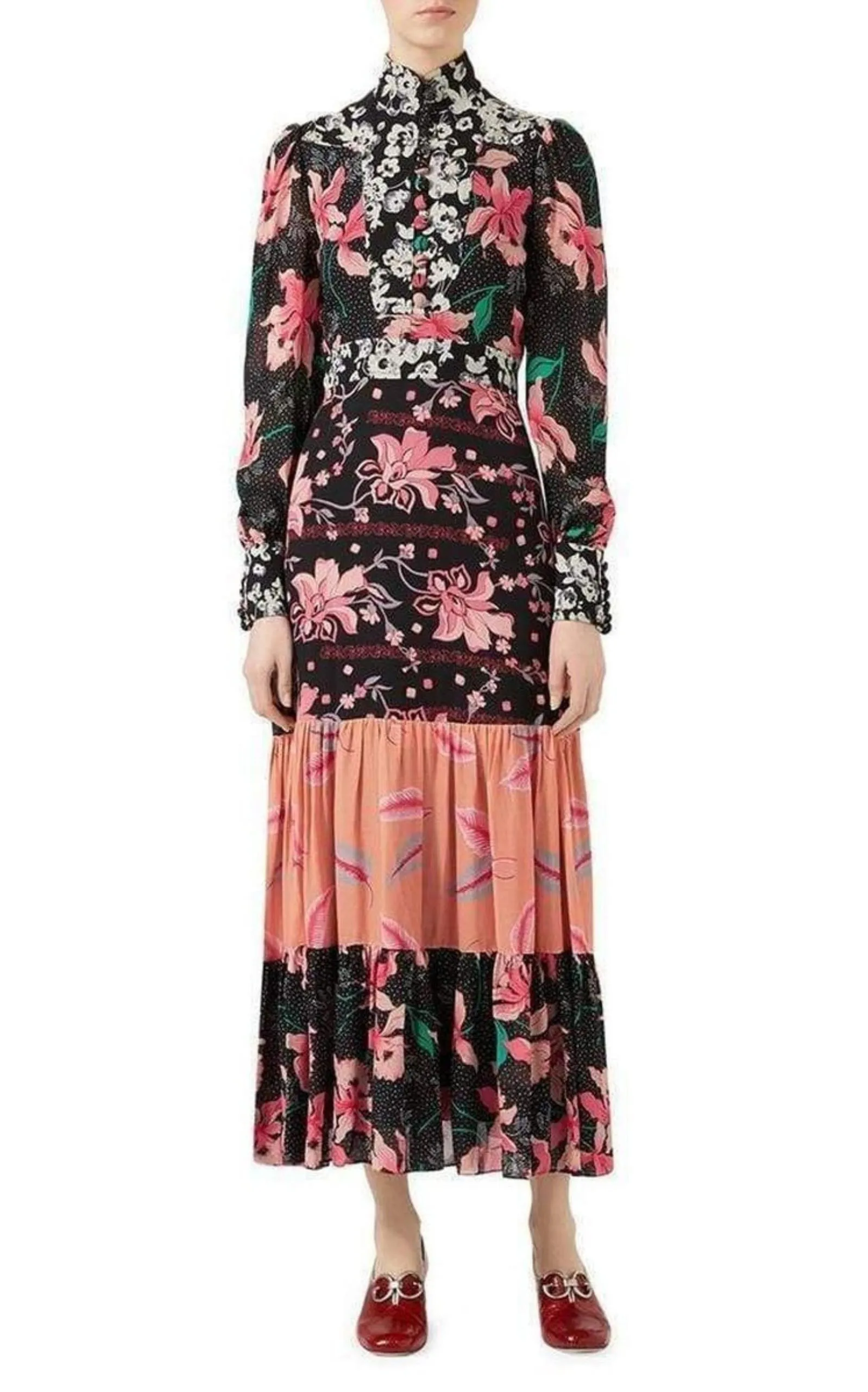 Floral Patchwork-Print Stand-Collar Crepe Dress