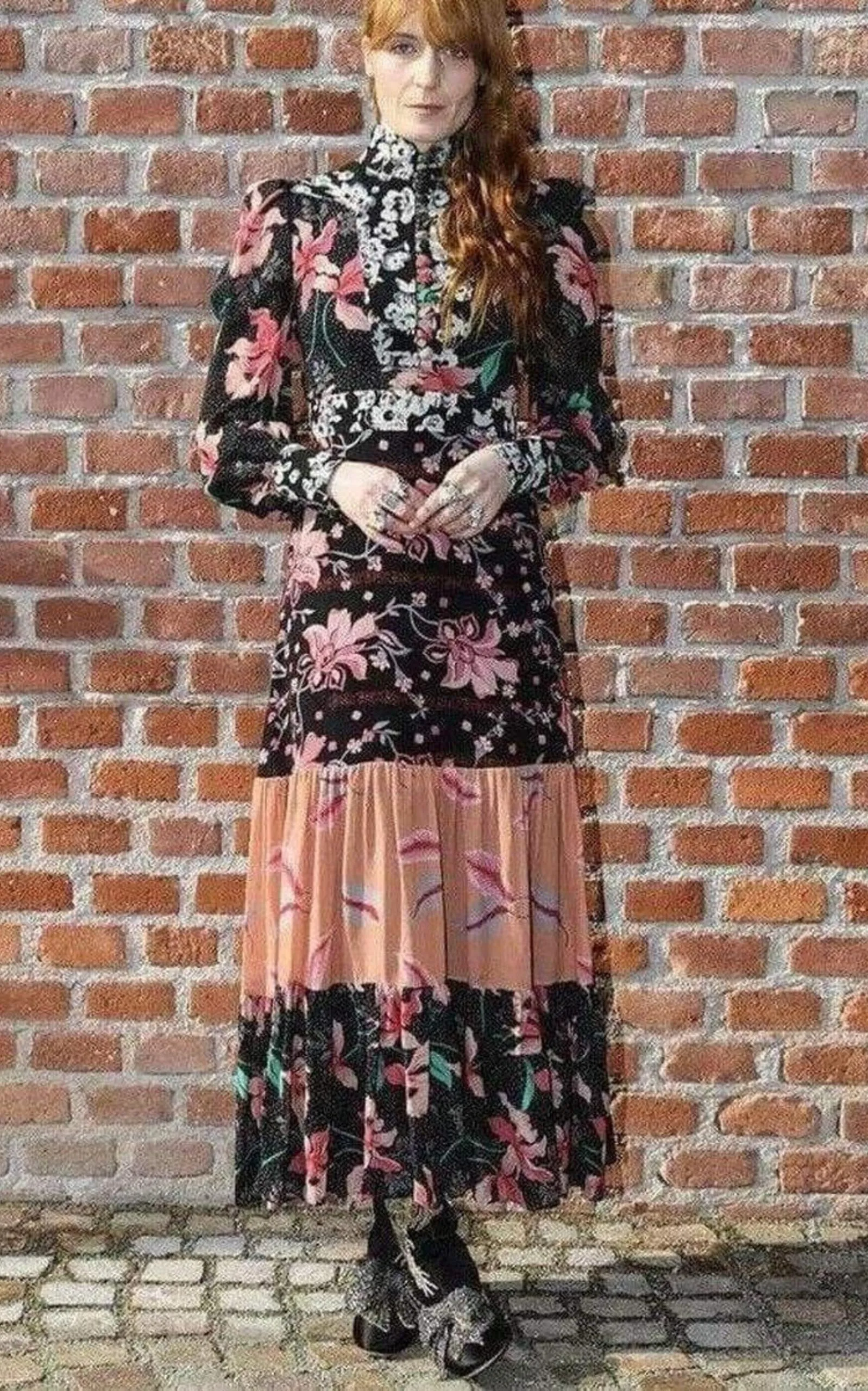 Floral Patchwork-Print Stand-Collar Crepe Dress