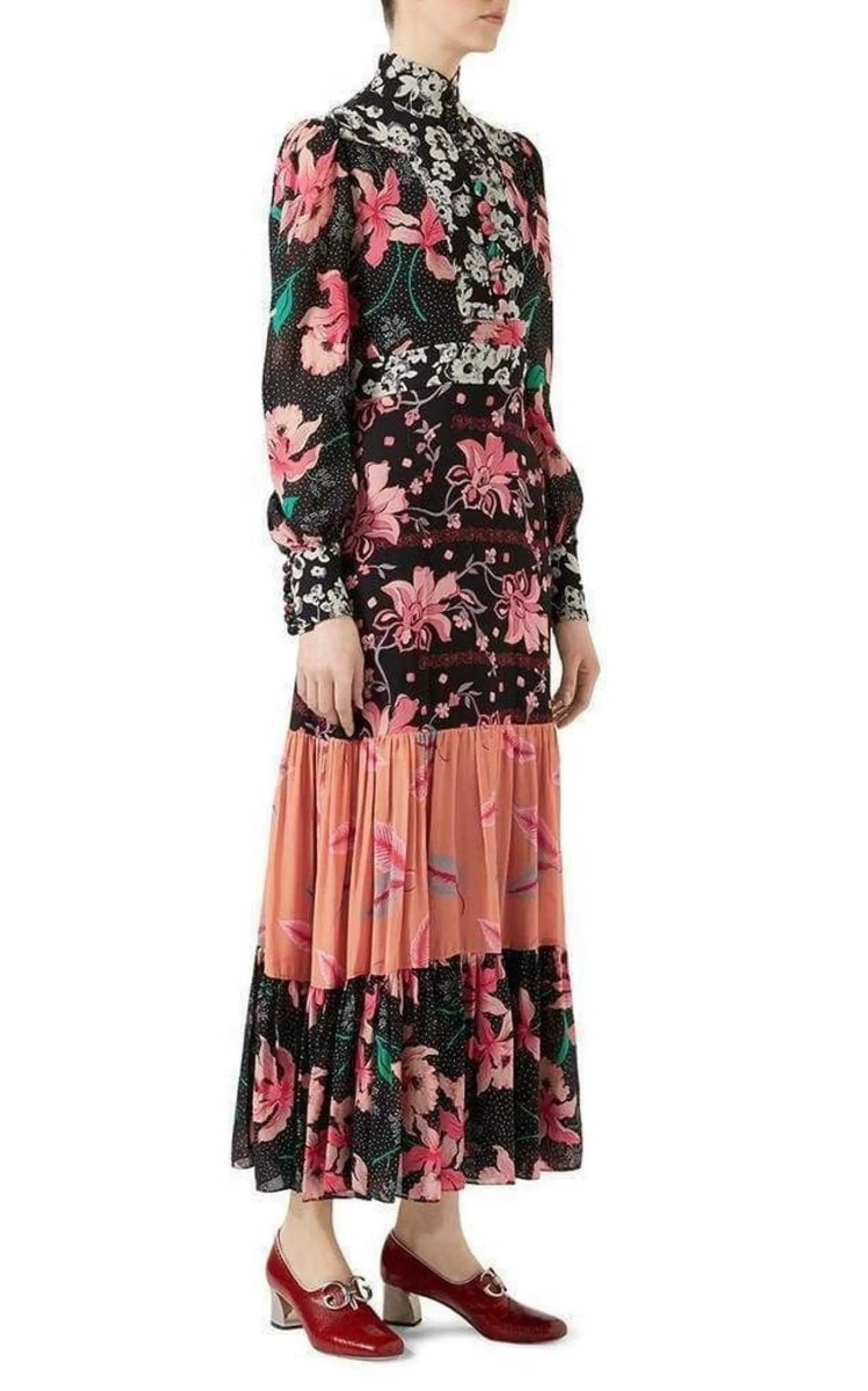 Floral Patchwork-Print Stand-Collar Crepe Dress