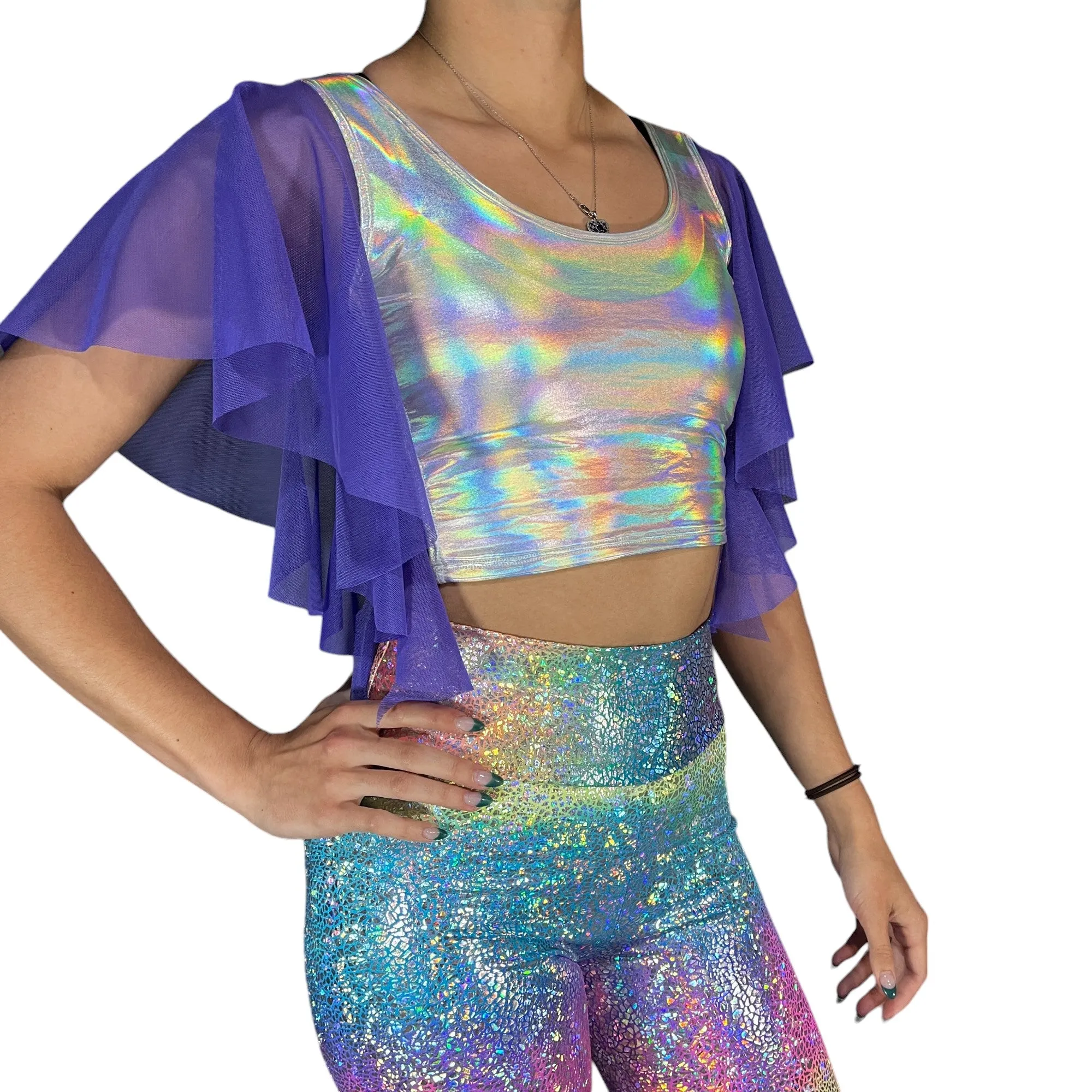 Flutter Sleeve Top Opal Holographic | Mesh Sleeve Ruffle Shirt | Holo Festival Crop Top