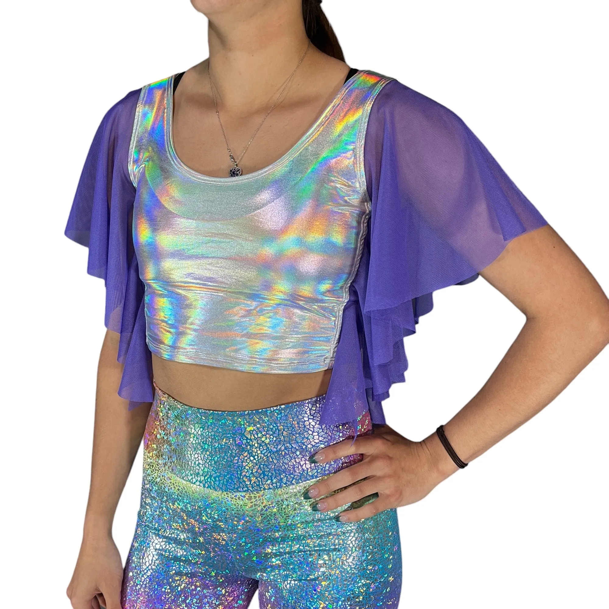 Flutter Sleeve Top Opal Holographic | Mesh Sleeve Ruffle Shirt | Holo Festival Crop Top