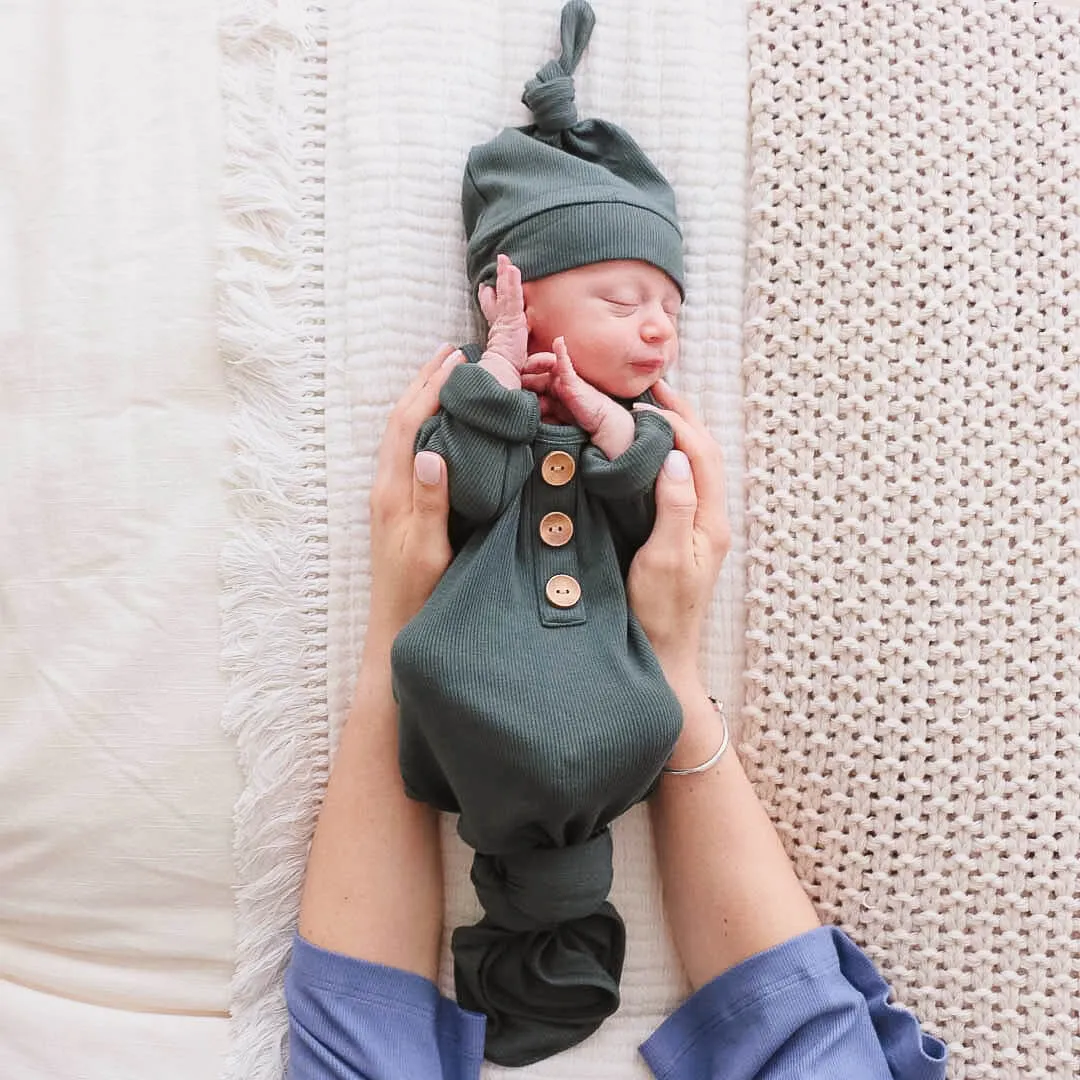 Forest Green Ribbed Bamboo Baby Knot Gown & Hat