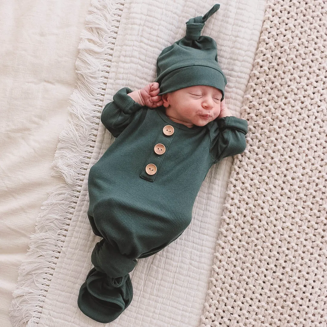 Forest Green Ribbed Bamboo Baby Knot Gown & Hat