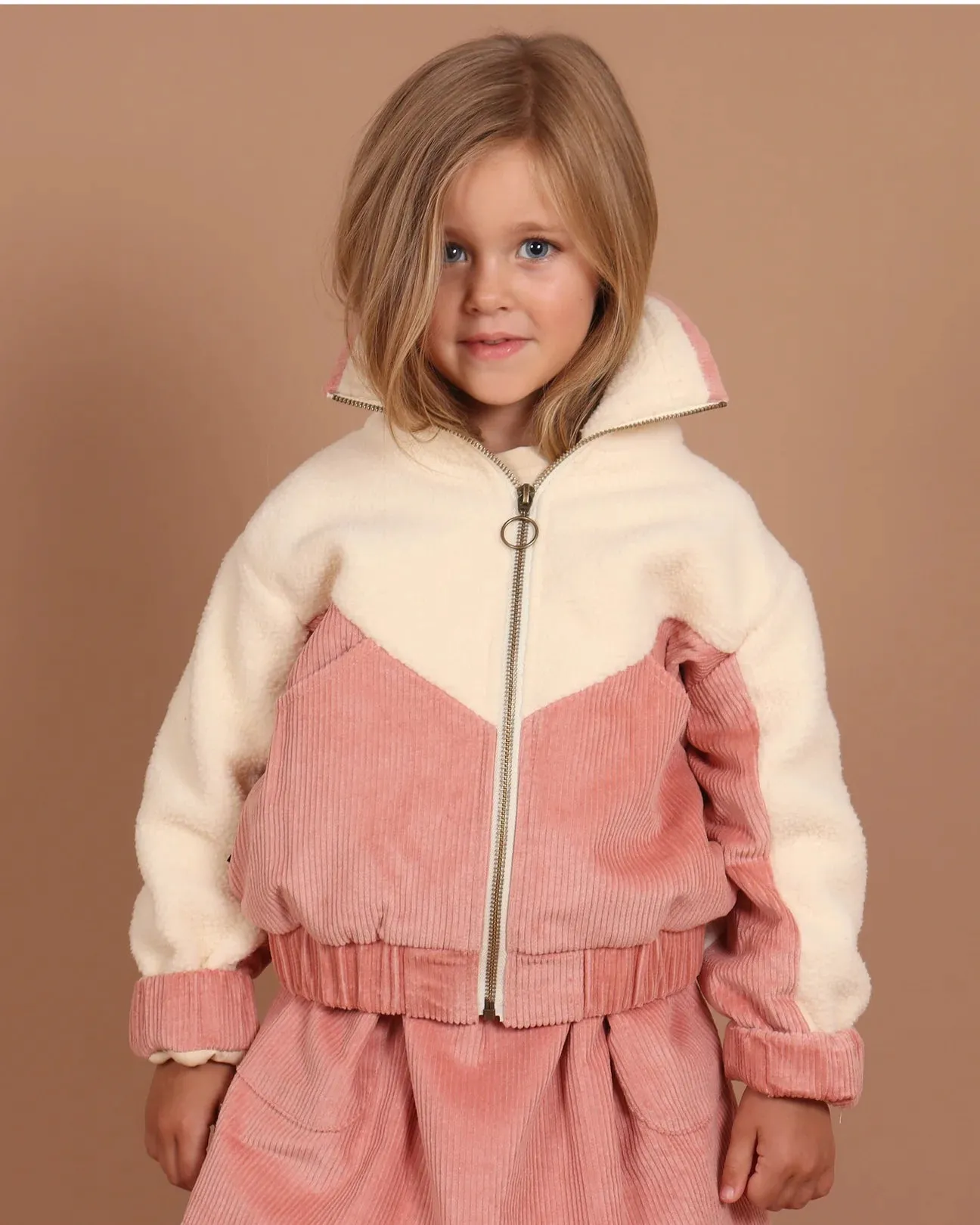 Girls Corduroy Sherpa Zip Jacket - Dusty Rose