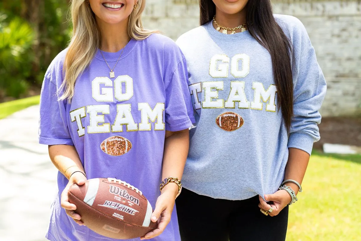 'Go Team Sequin Football' Letter Patch T-Shirt