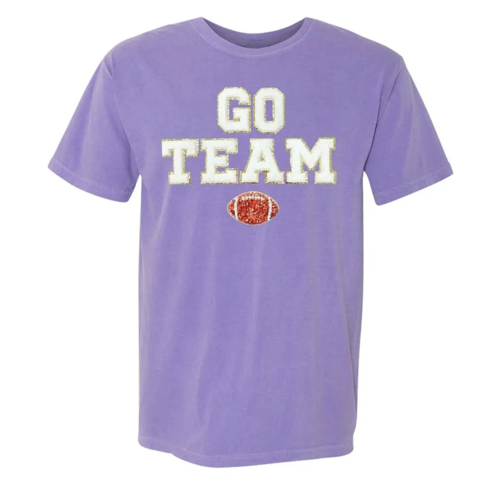 'Go Team Sequin Football' Letter Patch T-Shirt