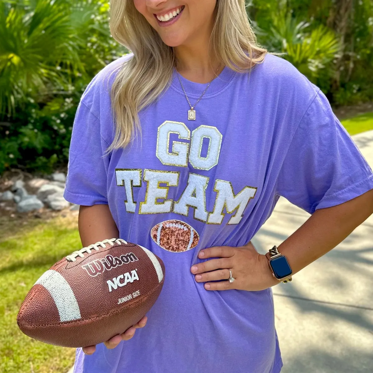 'Go Team Sequin Football' Letter Patch T-Shirt