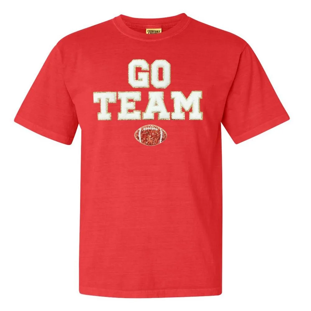 'Go Team Sequin Football' Letter Patch T-Shirt