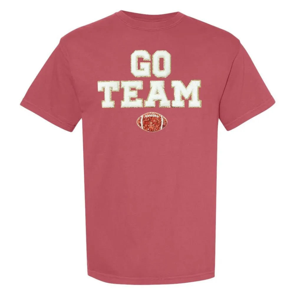 'Go Team Sequin Football' Letter Patch T-Shirt