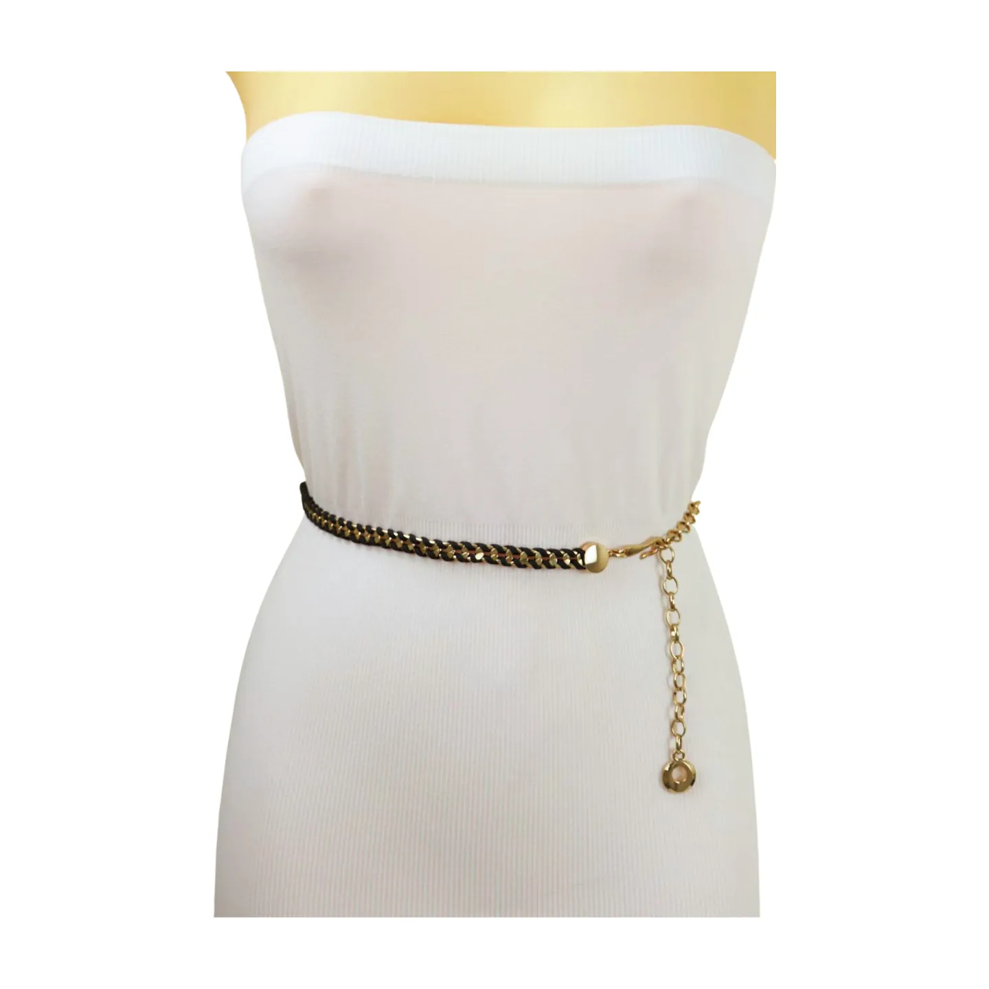 Gold Metal Chain Black Braided Skinny Belt Fit Size M L