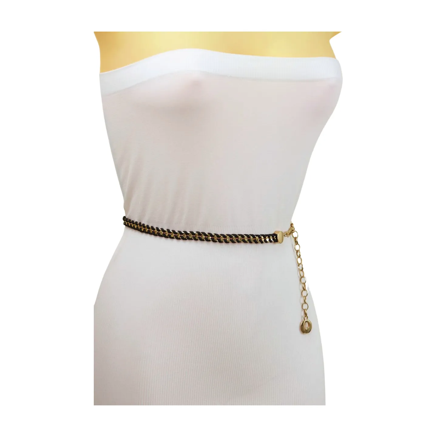 Gold Metal Chain Black Braided Skinny Belt Fit Size M L