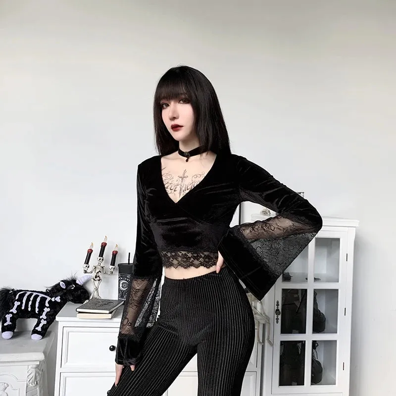 Goth Lace Flare Cuffs Crop Top