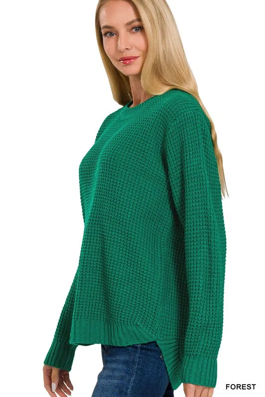 Hi-Low Long Sleeve Round Neck Waffle Sweater