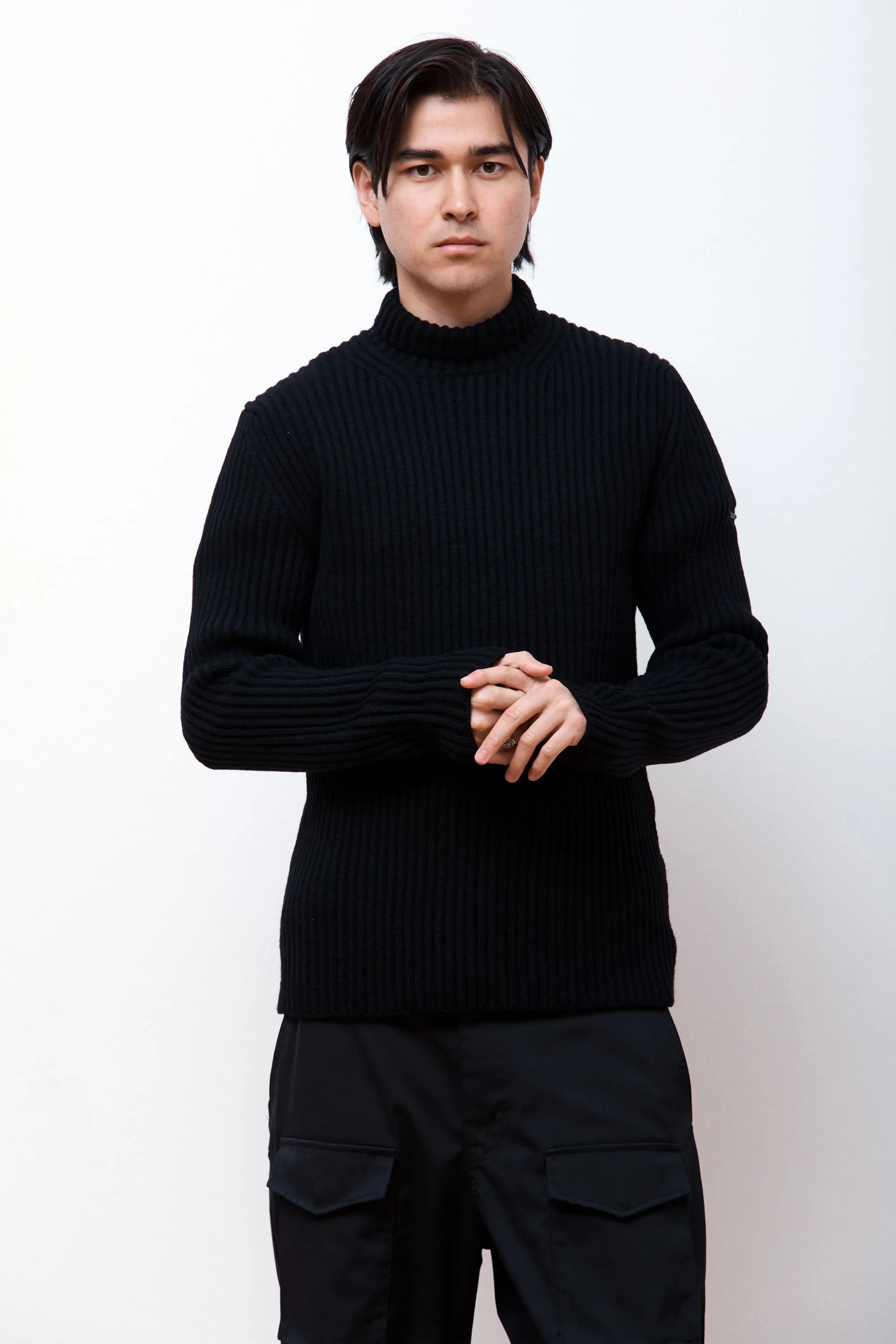 Hybrid Merino Rib Mock Neck Black