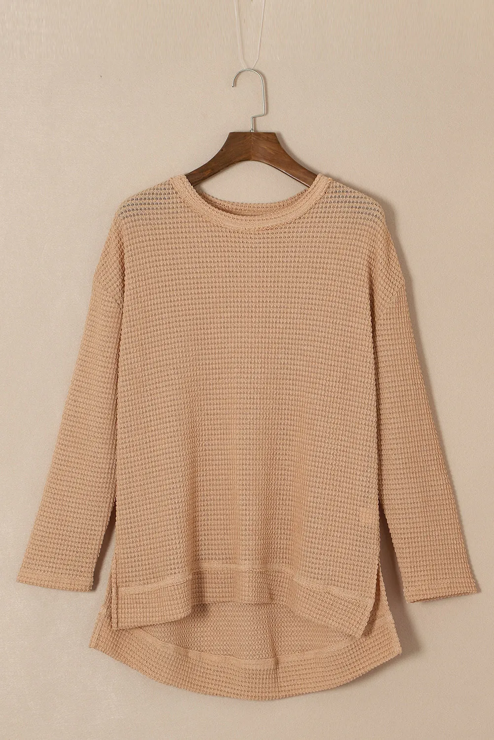 Khaki Waffle Knit High Slits Oversized Top