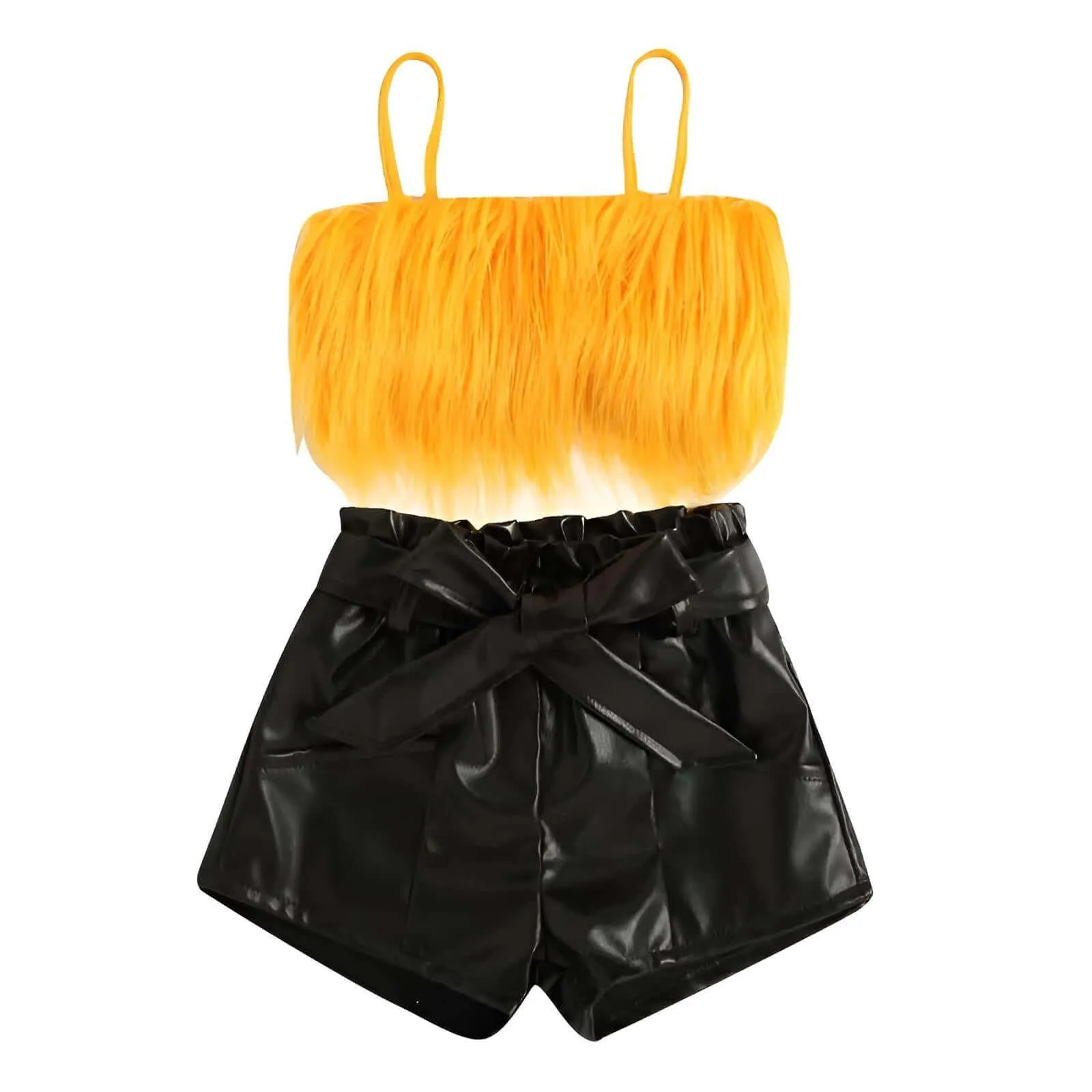 Kid Girl's Shorts Sets Outfit - Sleeveless Plush Crop Top   Faux Leather Shorts with Belt Set