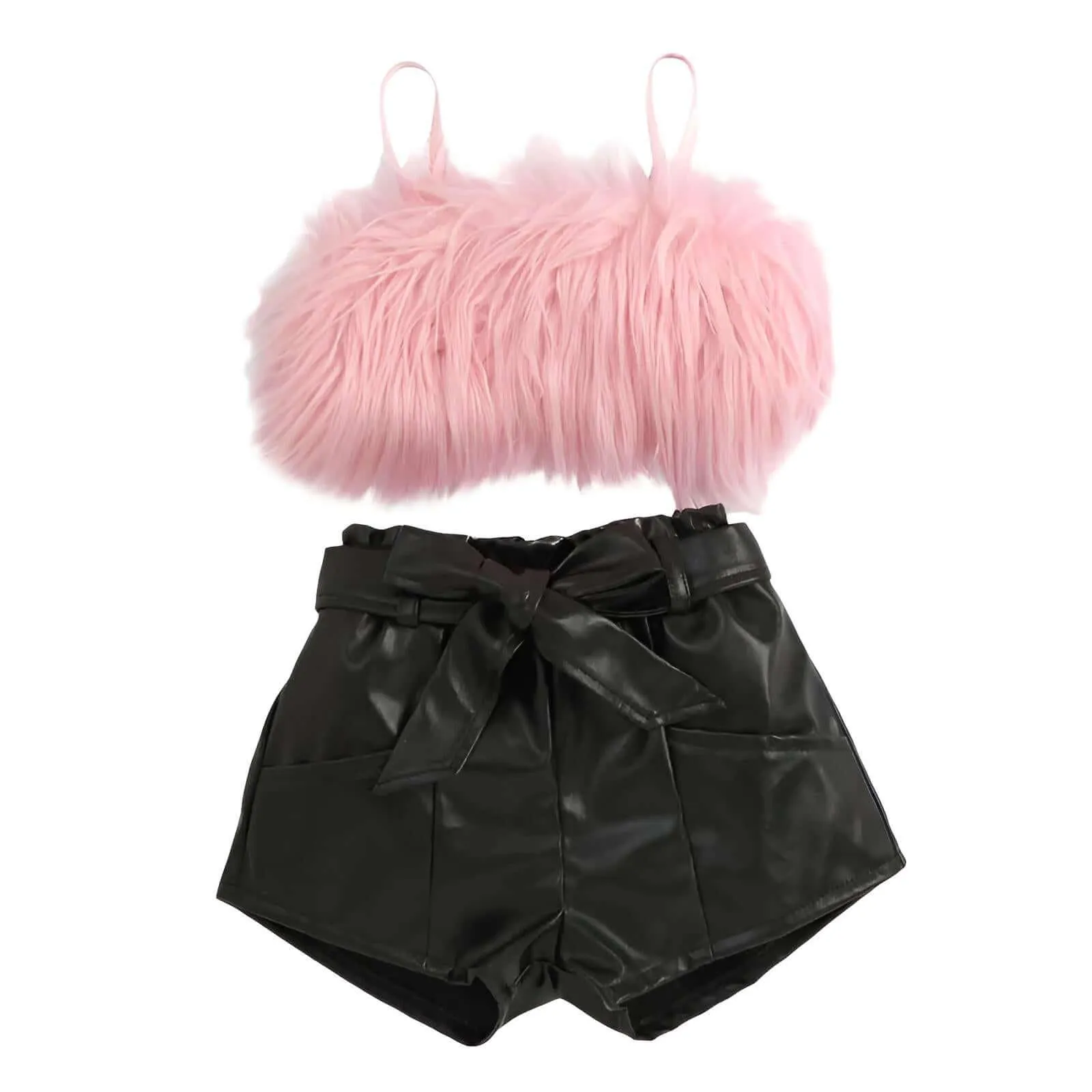 Kid Girl's Shorts Sets Outfit - Sleeveless Plush Crop Top   Faux Leather Shorts with Belt Set