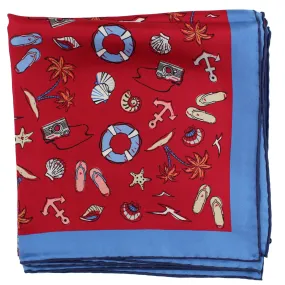 Kiton Silk Scarf Red Blue Beach Design - 36 Inch Square Twill Silk Foulard FINAL SALE