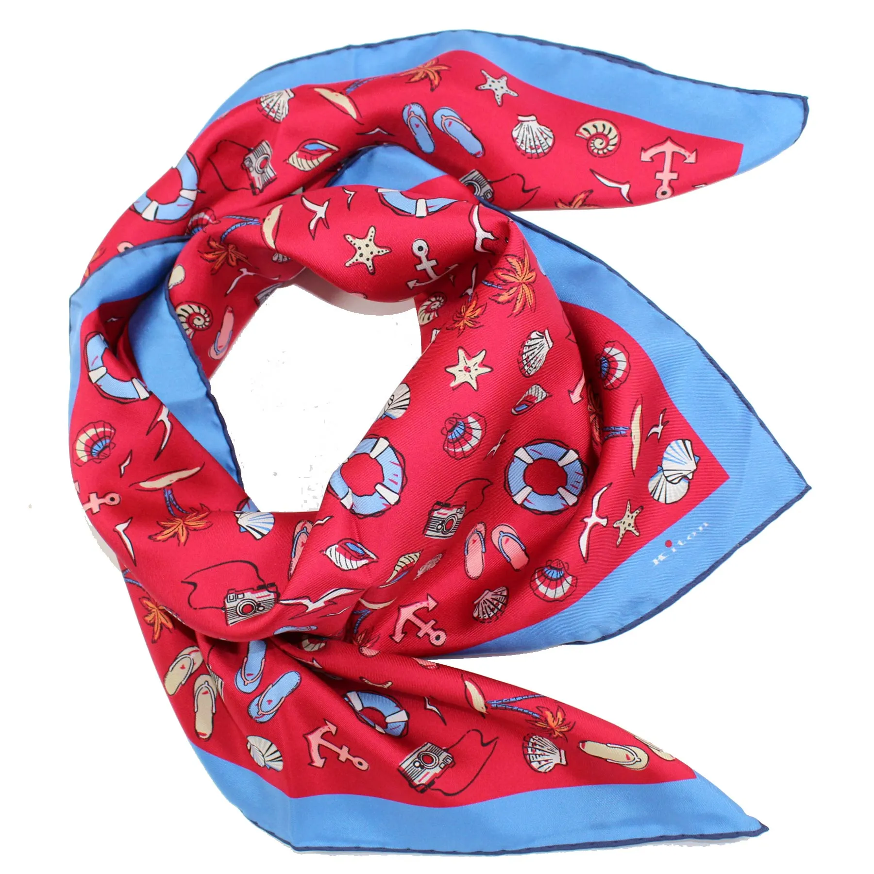 Kiton Silk Scarf Red Blue Beach Design - 36 Inch Square Twill Silk Foulard FINAL SALE