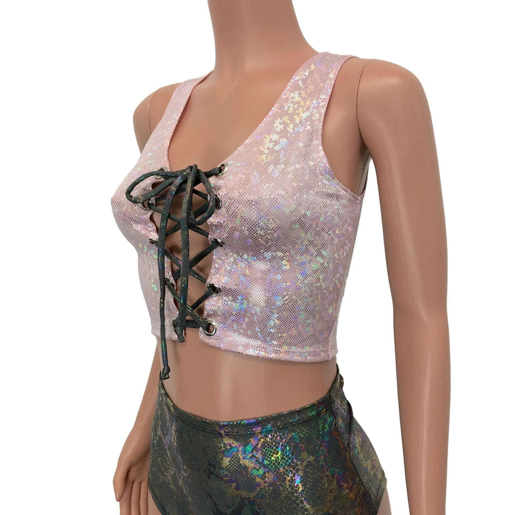 Lace-Up Crop Tank Top - Pink Shattered Glass Holographic