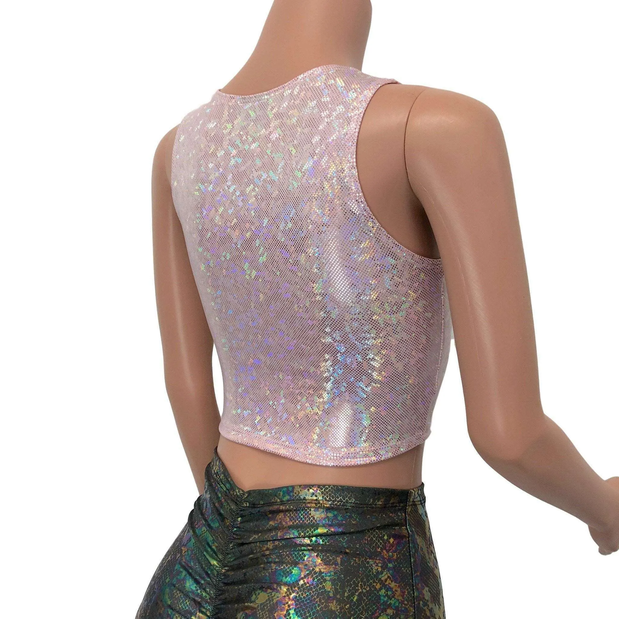 Lace-Up Crop Tank Top - Pink Shattered Glass Holographic