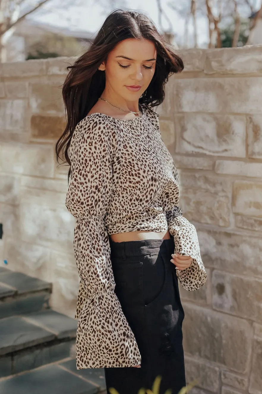 Leopard Open Back Bell Sleeve Blouse