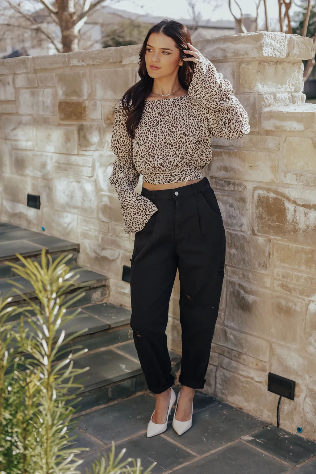 Leopard Open Back Bell Sleeve Blouse