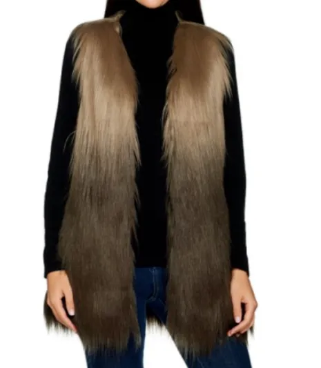 Lisa Rinna Collection Ombre Faux Fur Vest, Medium, Taupe/Dark Brown