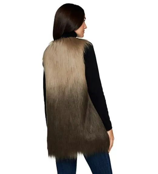 Lisa Rinna Collection Ombre Faux Fur Vest, Medium, Taupe/Dark Brown