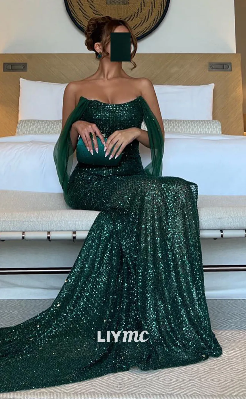 LP1372 - Sparkly Off-Shoulder Strapless Sequins Side Slit Sheath Mermaid Prom Dress