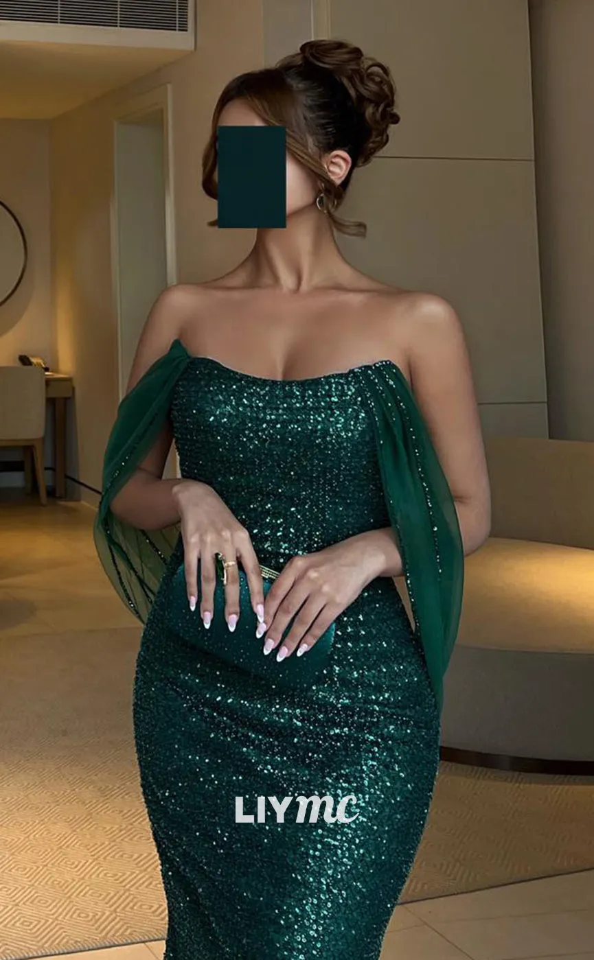 LP1372 - Sparkly Off-Shoulder Strapless Sequins Side Slit Sheath Mermaid Prom Dress