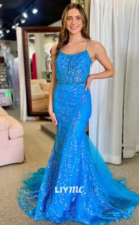 LP1396 - Scoop Spaghetti Straps Lace-Up Appliques Sheath Mermaid Prom Dress