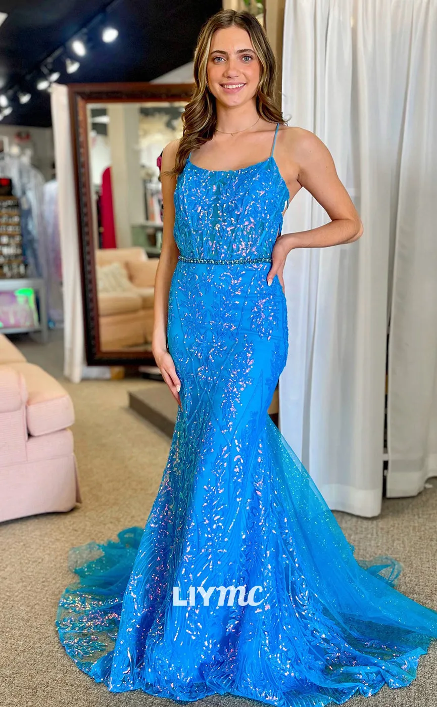 LP1396 - Scoop Spaghetti Straps Lace-Up Appliques Sheath Mermaid Prom Dress