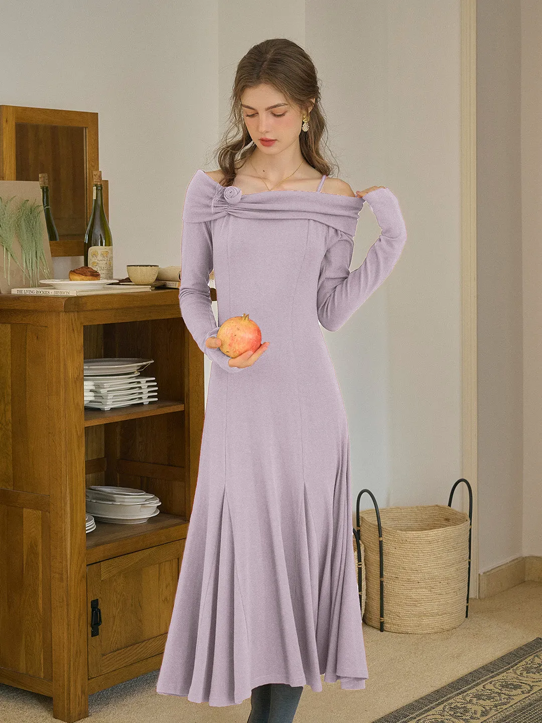 Lucille Elegant Off-Shoulder Rose Mid Dress (with Ribbon)-Purple