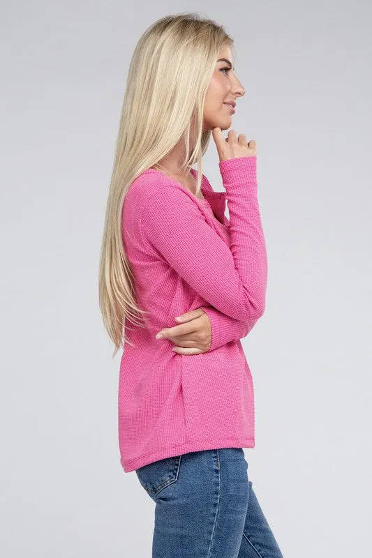 Melange Baby Waffle V-Neck Long Sleeve Top