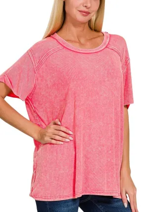 Mineral Washed Ribbed Exposed Seam Short Sleeve Top with Back Patch- Fuchsia