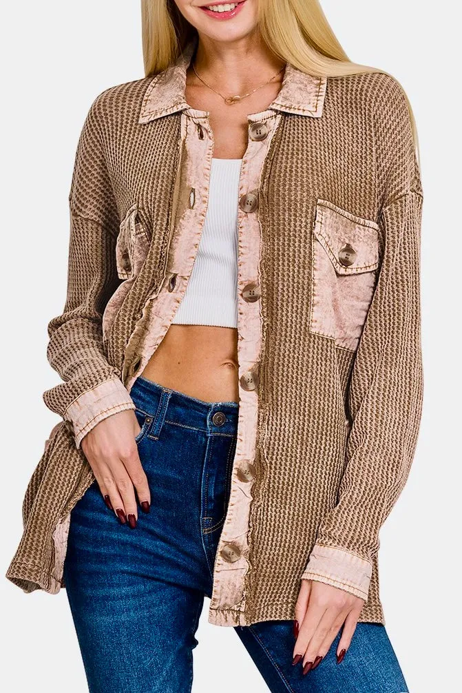 Mineral Washed Waffle Knit Long Sleeve Button Up Top- Mocha Mauve