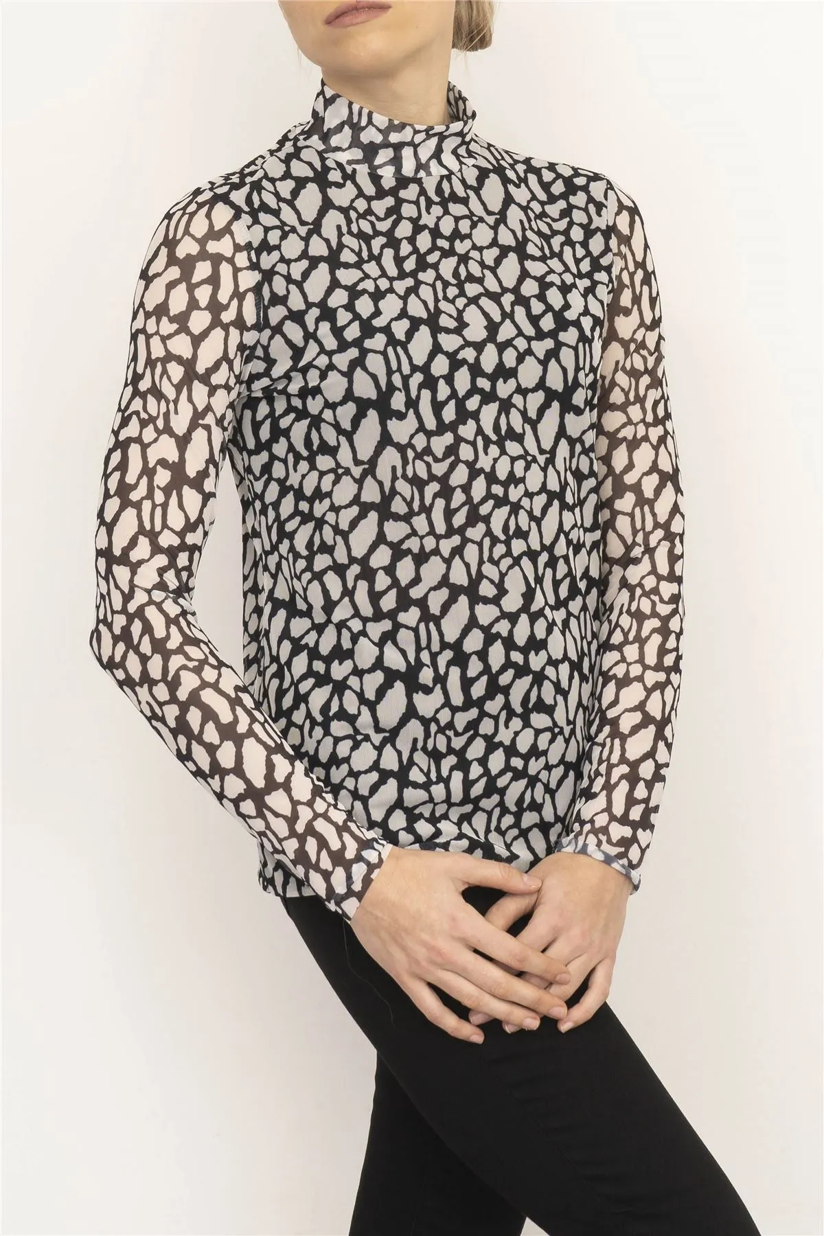 Mint Velvet Animal Print Mesh Turtle Neck Long Sleeve Tops