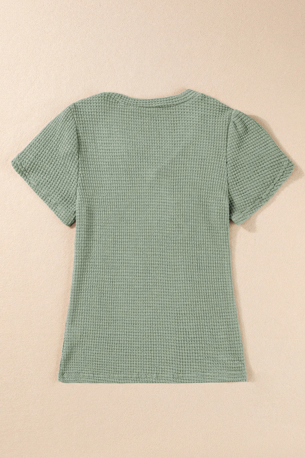 Mist Green V Neck Petal Sleeve Waffle Knit T-Shirt