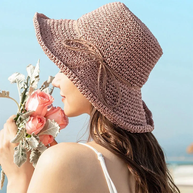 New Ladies' Bowknot Raffia Straw Hat - Foldable Wide Brim Summer Beach Hat for Women